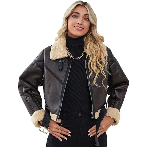 Womens Faux Fur Leather Jacket Short Bomber Coat Zipper Lapel LY VAREY LIN - Picture 3 of 7